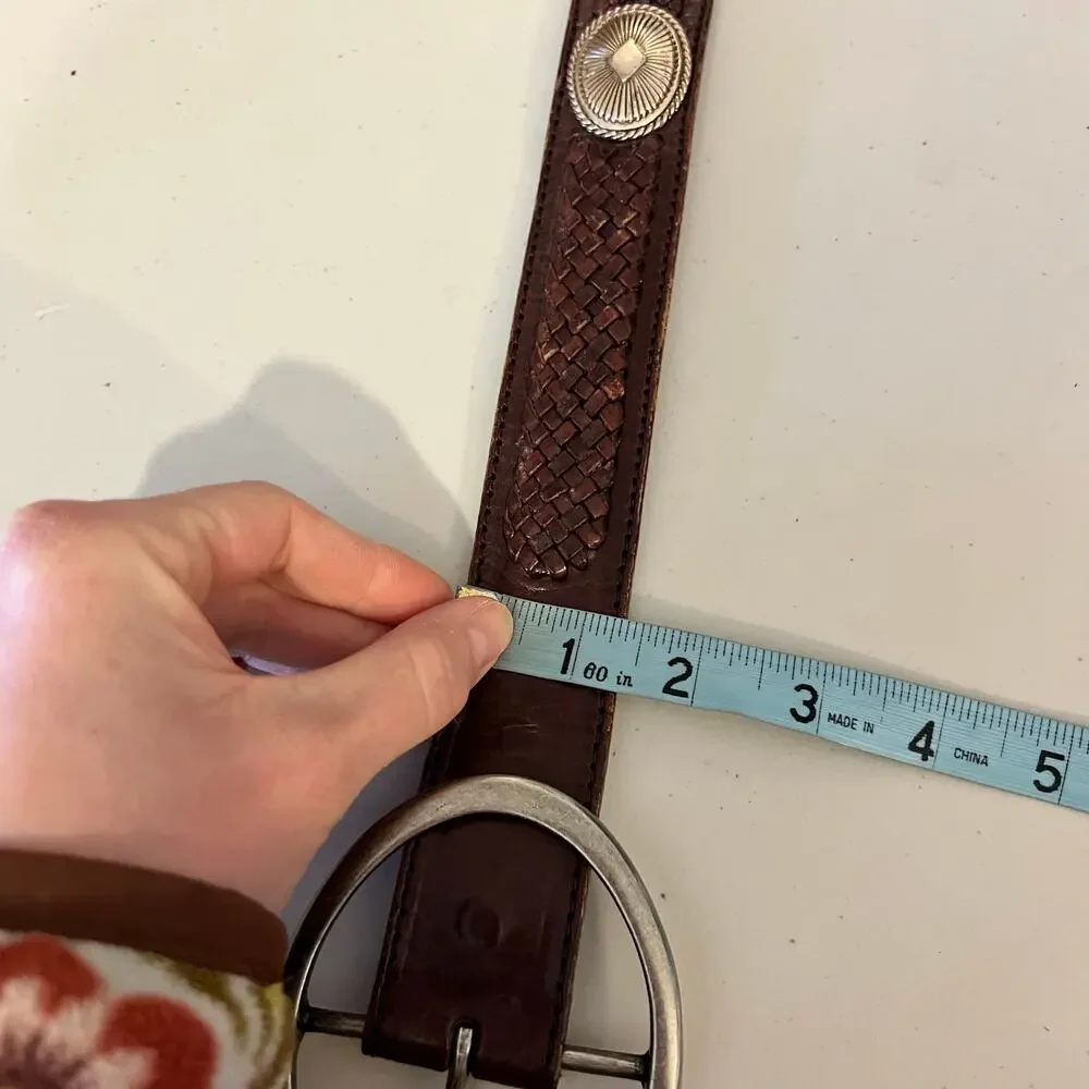 90s Brown Woven Starburst Studded Western Large Silver Buckle Belt Size Small